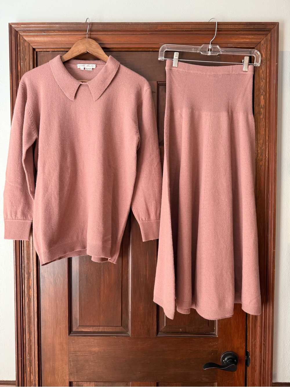 Vintage Nancy Heller Women's Rose Dust Cashmere Collared Pullover & Flared Skirt